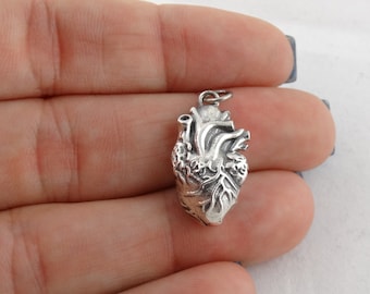 3D Anatomical Human Heart Pendant Charm - 925 Sterling Silver - Anatomically Correct Heart 22mm x 14mm