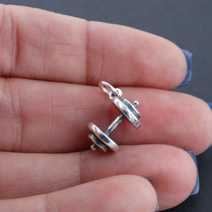 Sterling Silver 3D Dumbbell Charm - 15mm 8mm Gym Pendant