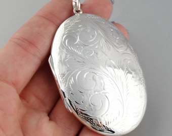 Sterling Silver Extra Large Oval Floral 2 Photo Locket - 925 Sterling Silver - 3D Keepsake Photo Locket 75mm x 45mm