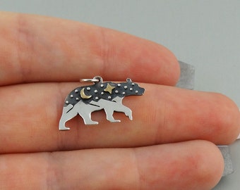 Sterling Silver Mountain Range with Moon and Stars Bear Pendant Charm - 925 Silver - Outdoors Nature Animals 16mm x 26mm