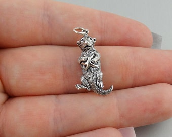 Sterling Silver Sea Otter with Starfish Charm- 925 Sterling Silver - Marine Mammal Pendant - 27mm x 12mm