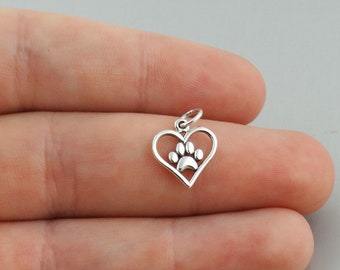 Tiny Paw in Heart Charm - 925 Sterling Silver - Cute Pendant Dog Cat Love Pet 13mm x 11mm