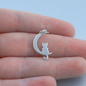 Sterling Silver Cat on Moon Charm - 925 Sterling Silver - Cute Kitty Pet Love Pendant - 24mm x 11mm