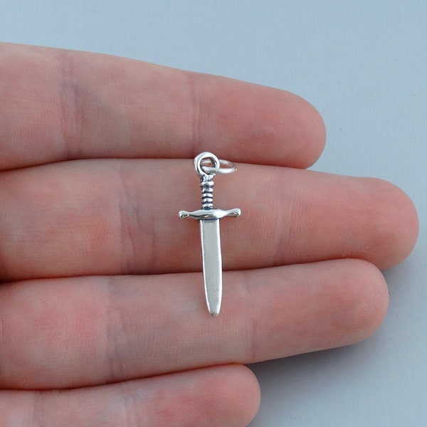 Sterling Silver Dagger Charm - 925 Silver - 3 Dimensional Sword Pendant 25mm x 10mm