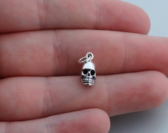 Sterling Silver Tiny 3D Human Skull Charm - 15mm x 5.5mm