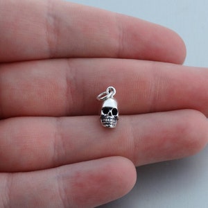 May include: A small, silver-colored skull charm with a loop for attaching to a necklace or bracelet. The skull has detailed features, including eye sockets, a nose cavity, and teeth. The charm is a gothic or alternative style jewelry piece.