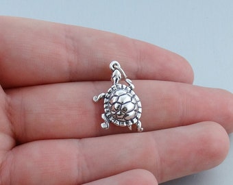 Sterling Silver Climbing Turtle Charm - 20mm x 13mm Detailed Reptile Pendant