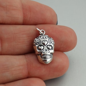 Sterling Silver Sugar Skull Charm - 19mm x 12mm Calavera Day of the Dead Pendant