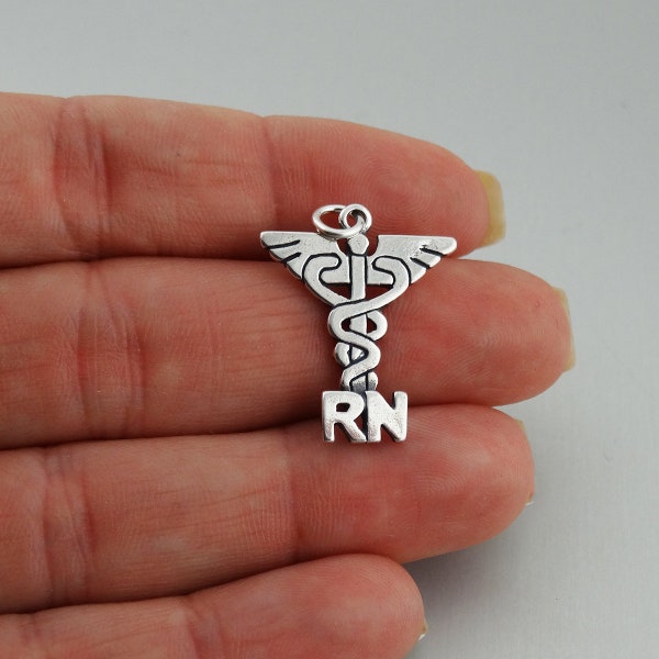 Sterling Silver Medical RN Caduceus Charm - 925 Sterling Silver - Registered Nurse Pendant 23mm x 20mm