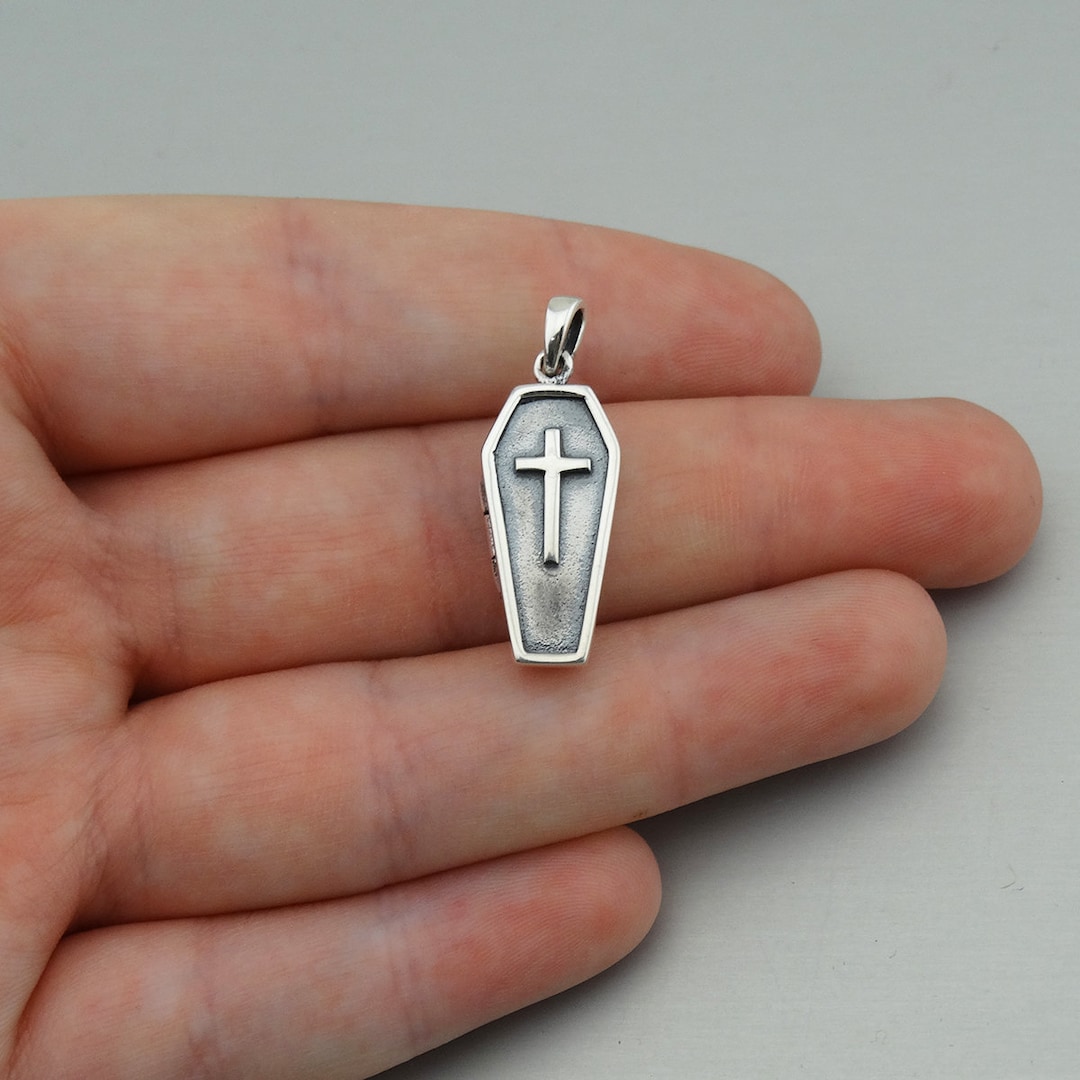 Sterling Silver Coffin Locket - 925 Sterling Silver - 3 Dimensional Pendant with Cross Opens 21mm x 10mm