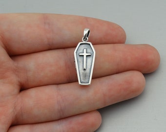 Sterling Silver Coffin Locket - 925 Sterling Silver - 3 Dimensional Pendant with Cross Opens 21mm x 10mm