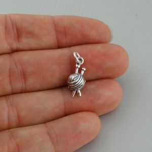 Tiny Knitting Needles in Ball of Yarn Charm - 925 Sterling Silver - Detailed 3 Dimensional Charm 16mm 7mm