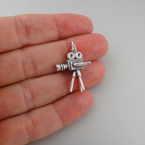 Sterling Silver 3D Movie Camera Charm - 24mm x 18mm Vintage Cinema Pendant