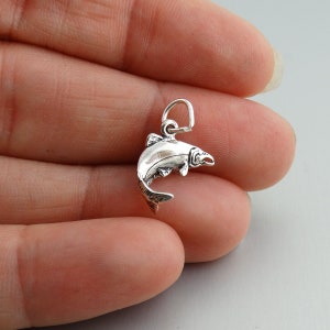 Sterling Silver Salmon Charm - 925 Silver - 3 Dimensional Fish Pendant 14mm x 12mm