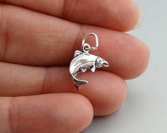 Sterling Silver Salmon Charm - 925 Silver - 3 Dimensional Fish Pendant 14mm x 12mm