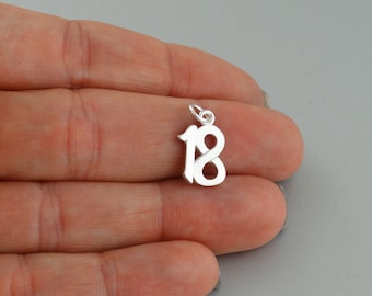 Sterling Silver Number 18 Charm - 925 Silver - Lucky Number Anniversary, Date, Birthday Pendant 15mm x 10mm