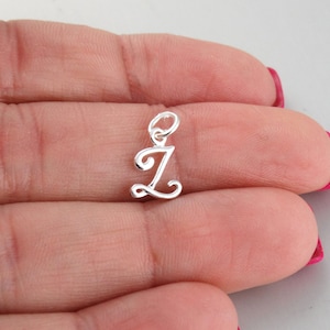 Sterling Silver Initial Letter Z Charm - 925 Silver - Cute Dainty Script Alphabet Pendant 8mm x 10mm
