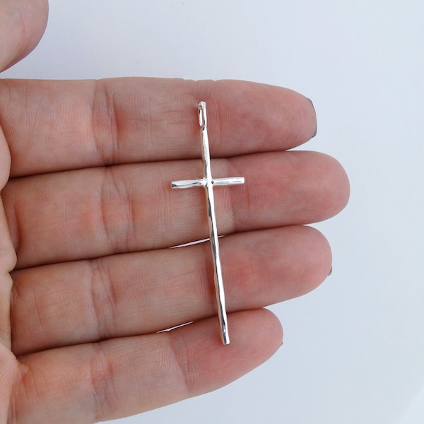 Long Hammered Cross Pendant - 925 Sterling Silver - 48mm Long Faith Religious