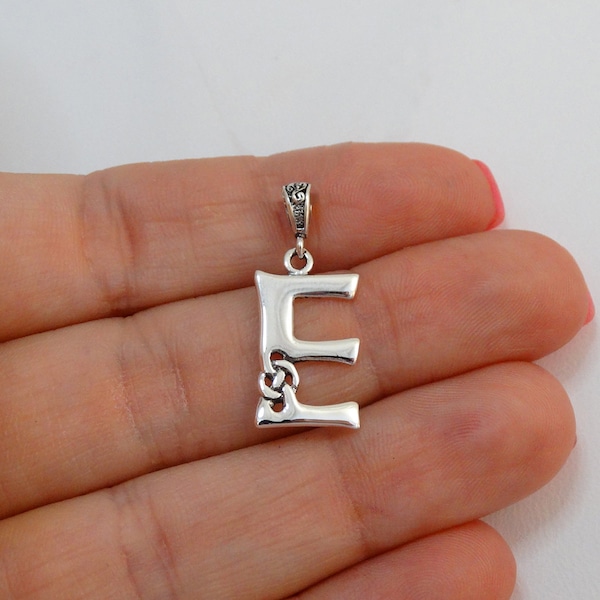 Sterling Silver Letter E Celtic Knot Charm - 925 Sterling Silver - Irish Initial Monogram Pendant - 24mm x 14mm