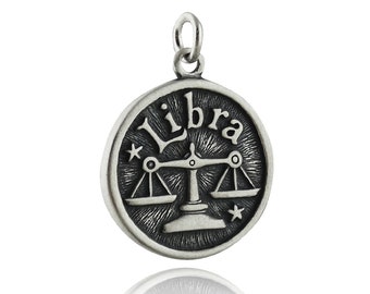 Sterling Silver Libra Charm - 925 Sterling Silver - DOUBLE SIDED Zodiac Constellation Pendant Charming 18mm