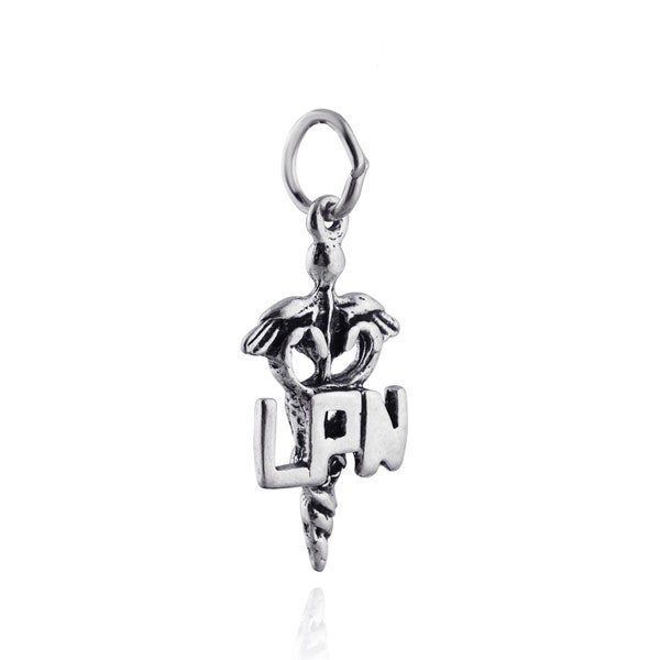 Sterling Silver Medical LPN Caduceus Charm - 925 Sterling Silver - Licensed Practical Nurse Pendant 21mm x 10mm