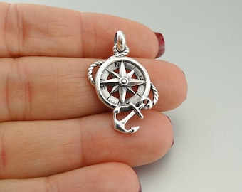 Sterling Silver Anchor Wrapped Compass Charm - 25mm x 15mm Nautical Pendant
