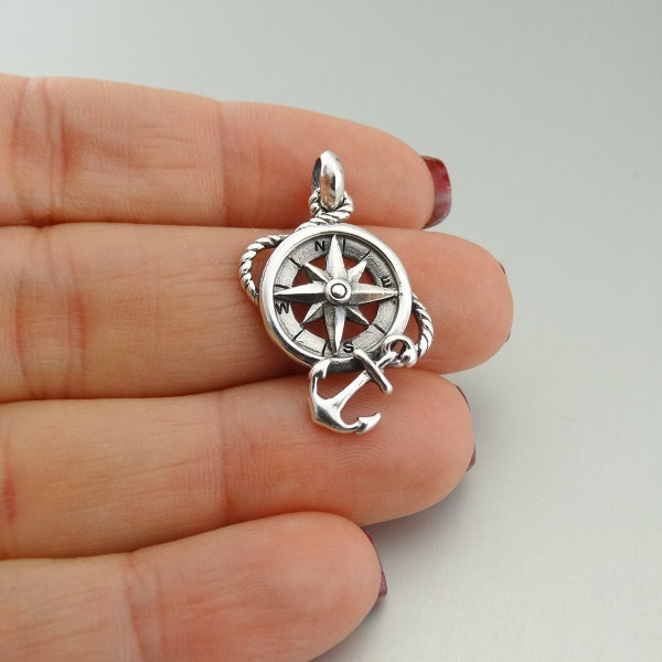 Sterling Silver Anchor Wrapped Compass Pendant Charm - 925 Sterling Silver - Inspirational Motivation Graduation 25mm x 15mm