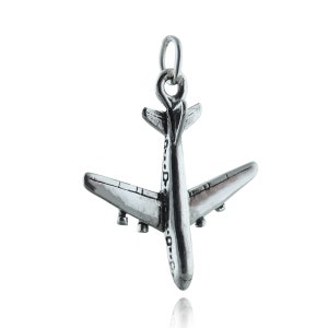 3D Airplane Charm - 925 Sterling Silver - Detailed Travel Flight Attendant Airline Pendant 25mm x 21mm