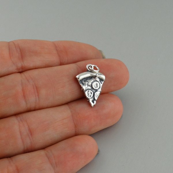 Sterling Silver Slice of Pizza Charm - 925 Silver - Food Best Friends Pendant 18mm x 12mm