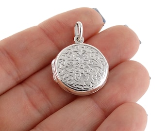 Sterling Silver Round Floral Locket - 2 Photo Pendant with Stamped Design 20mm