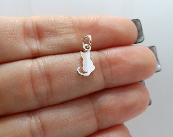 Sterling Silver Dainty Cat Silhouette Charm - 925 Sterling Silver - Animal Pendant 12mm x 5mm