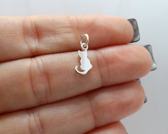 Sterling Silver Tiny Cat Silhouette Charm - 12mm x 5mm Dainty Feline Pendant