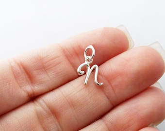 Sterling Silver Initial Letter N Charm - 925 Silver - Cute Dainty Script Alphabet Pendant 13mm x 10mm