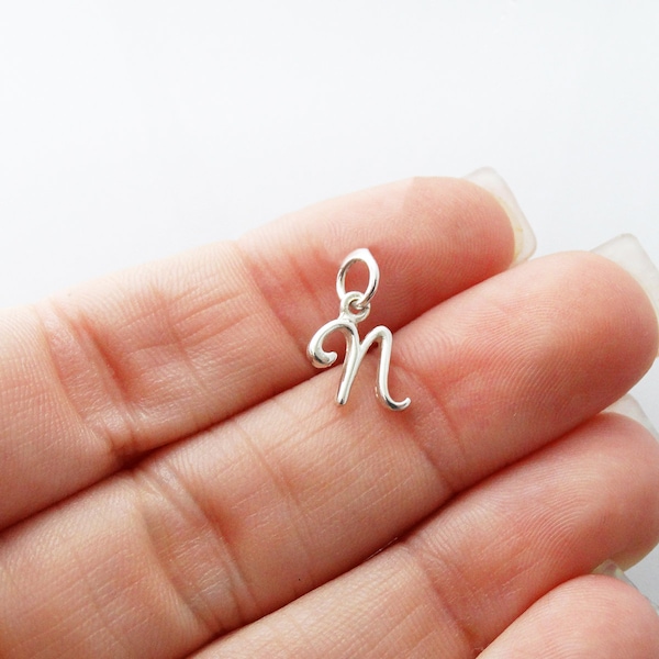 Sterling Silver Initial Letter N Charm - 925 Silver - Cute Dainty Script Alphabet Pendant 13mm x 10mm