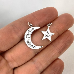 Sterling Silver "love you to the moon & back" Charm Set - Stamped Moon and Star Pair