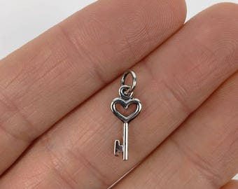 Sterling Silver Dainty Heart Key Charm - 18mm x 6mm Skeleton Key Pendant