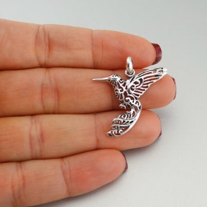 Sterling Silver Filigree Hummingbird Charm - 925 Sterling Silver - Bird Outline Pendant 28mm x 26mm