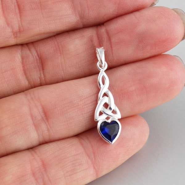 Trinity Celtic Knot Cubic Zirconia Heart Pendant - 925 Sterling Silver - Sapphire September Birthstone 28mm x 8mm