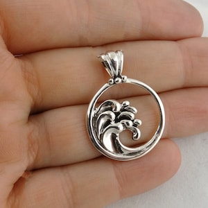 Sterling Silver Detailed Ocean Wave Charm - 22mm Circle with Attached Bail