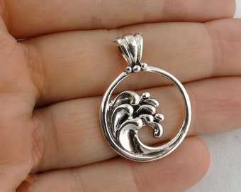 Sterling Silver Detailed Ocean Wave Charm - 22mm Circle with Attached Bail