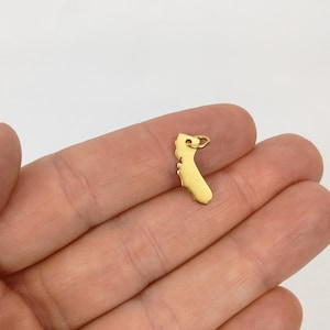 Könnte beinhalten: Goldfarbener Anhänger in Form des Bundesstaates Kalifornien. Der Anhänger hat eine kleine Schlaufe oben zum Anbringen an einer Halskette oder einem Armband.