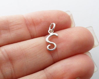 Sterling Silver Initial Letter S Charm - 925 Silver - Cute Dainty Script Alphabet Pendant 14mm x 7mm