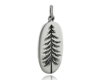 Pine Tree Etched on Oval Charm - 925 Sterling Silver - Pendant Nature Forest 25mm x 10mm