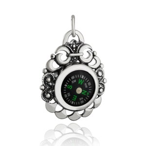 Sterling Silver Filigree Scroll Working Compass Pendant - 1&quot; x 1.5&quot;