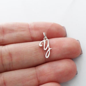 Sterling Silver Initial Letter Y Charm - 925 Silver - Cute Dainty Script Alphabet Pendant 8mm x 15mm