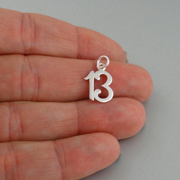Sterling Silver Number 13 Charm - 925 Silver - Lucky Number Anniversary, Date, Birthday Pendant 15mm x 10mm