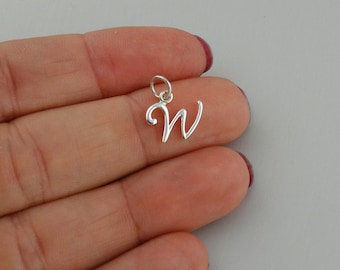 Sterling Silver Initial Letter W Charm - 925 Silver - Cute Dainty Script Alphabet Pendant 11mm x 11mm