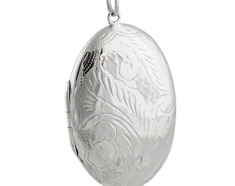 Sterling Silver Large Oval Floral 2 Photo Locket - 925 Sterling Silver - 3D Keepsake Photo Locket 55mm x 35mm