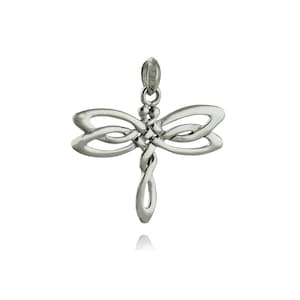 May include: A silver-colored dragonfly pendant with a Celtic knot design. The pendant features a detailed, openwork design with curved wings and a stylized body. The pendant is suspended from a small loop.