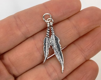 Sterling Silver Double Feathers Charm - 32mm x 6mm Southwestern Pendant